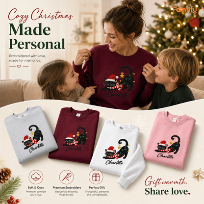 Personalized Embroidered Christmas Black Cat Sweatshirt with Custom Name