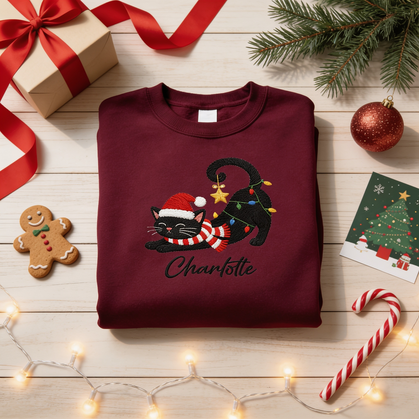 Personalized Embroidered Christmas Black Cat Sweatshirt with Custom Name