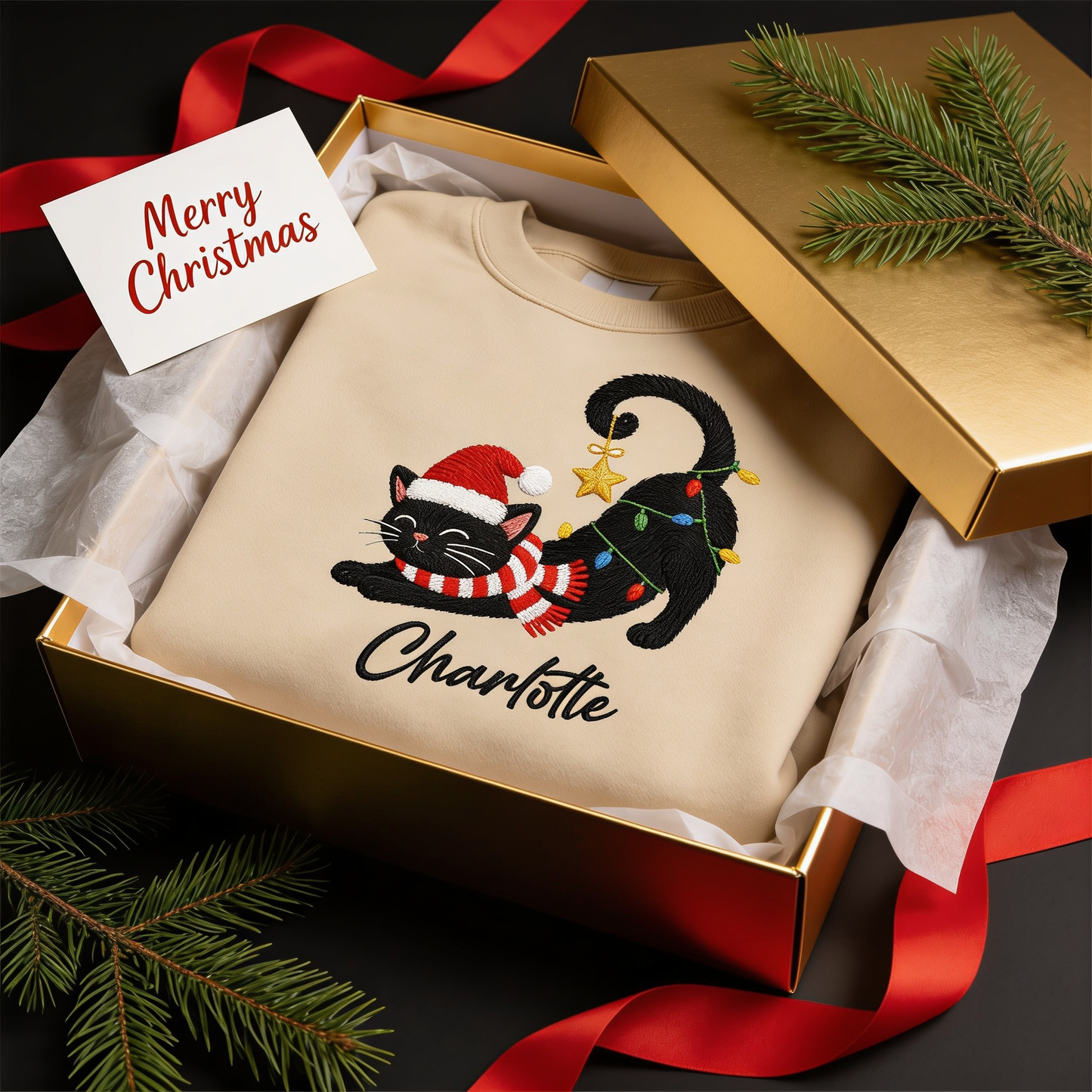 Personalized Embroidered Christmas Black Cat Sweatshirt with Custom Name