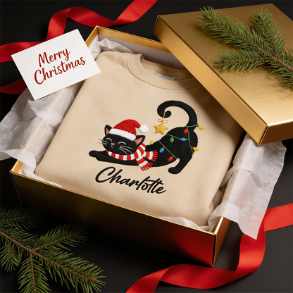 Personalized Embroidered Christmas Black Cat Sweatshirt with Custom Name