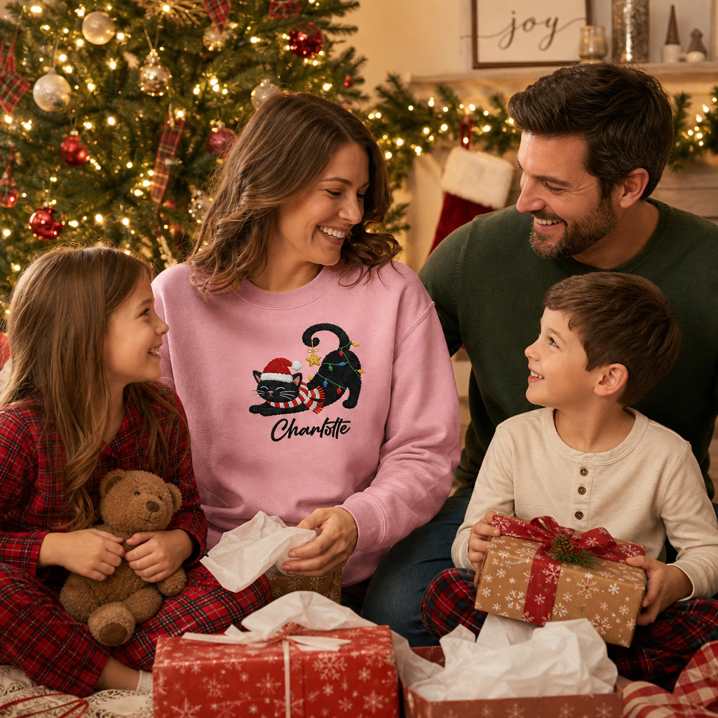 Personalized Embroidered Christmas Black Cat Sweatshirt with Custom Name
