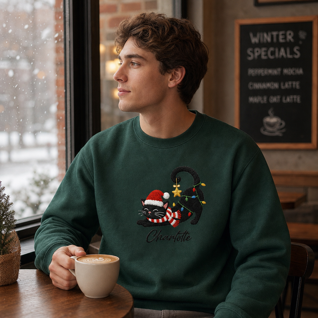 Personalized Embroidered Christmas Black Cat Sweatshirt with Custom Name