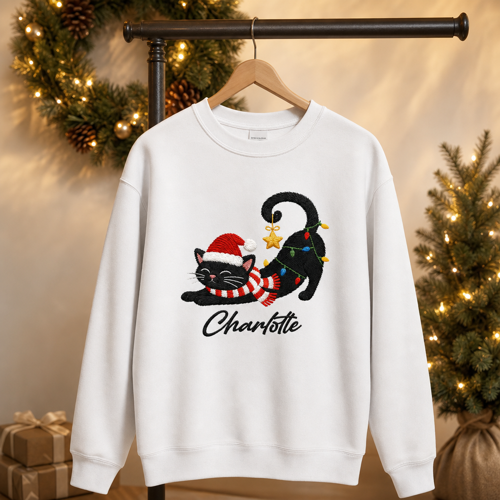 Personalized Embroidered Christmas Black Cat Sweatshirt with Custom Name