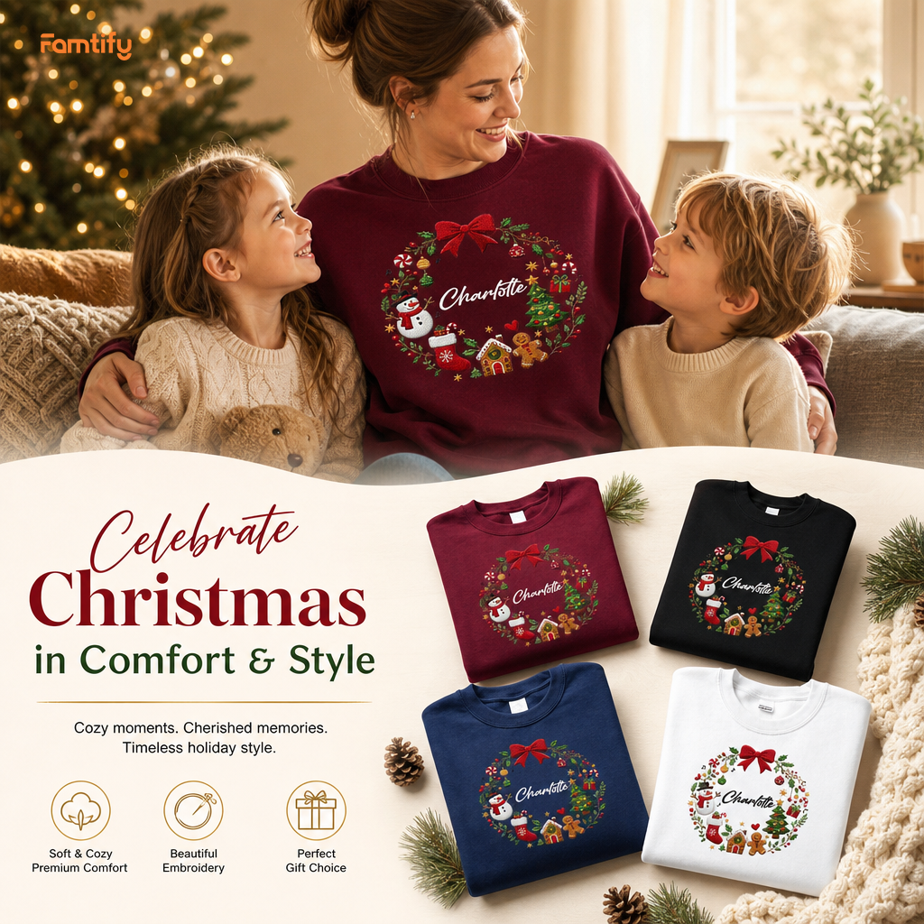 Personalized Embroidered Christmas Wreath Sweatshirt with Custom Name