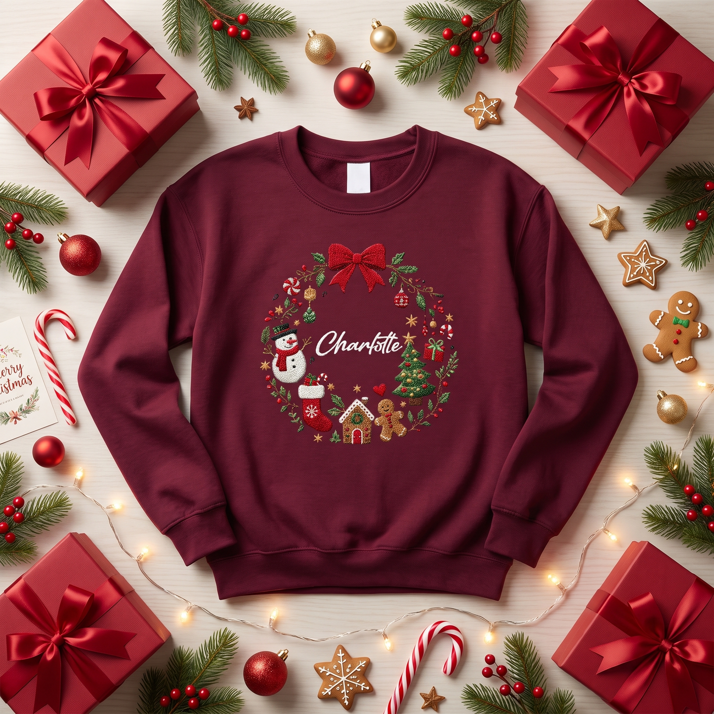 Personalized Embroidered Christmas Wreath Sweatshirt with Custom Name
