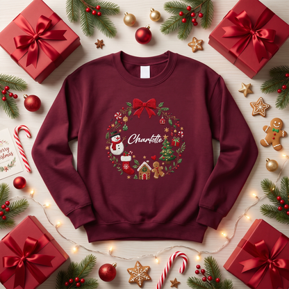 Personalized Embroidered Christmas Wreath Sweatshirt with Custom Name