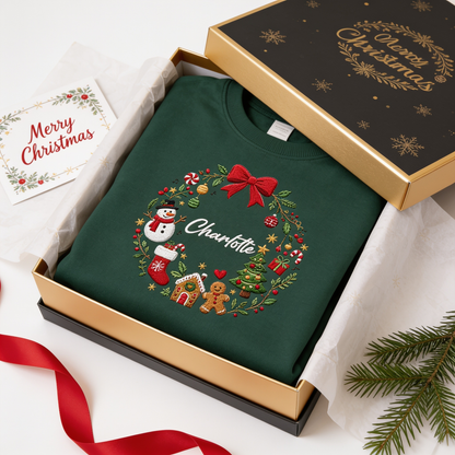 Personalized Embroidered Christmas Wreath Sweatshirt with Custom Name