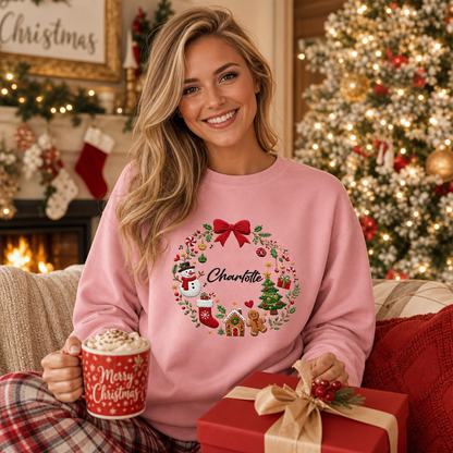 Personalized Embroidered Christmas Wreath Sweatshirt with Custom Name