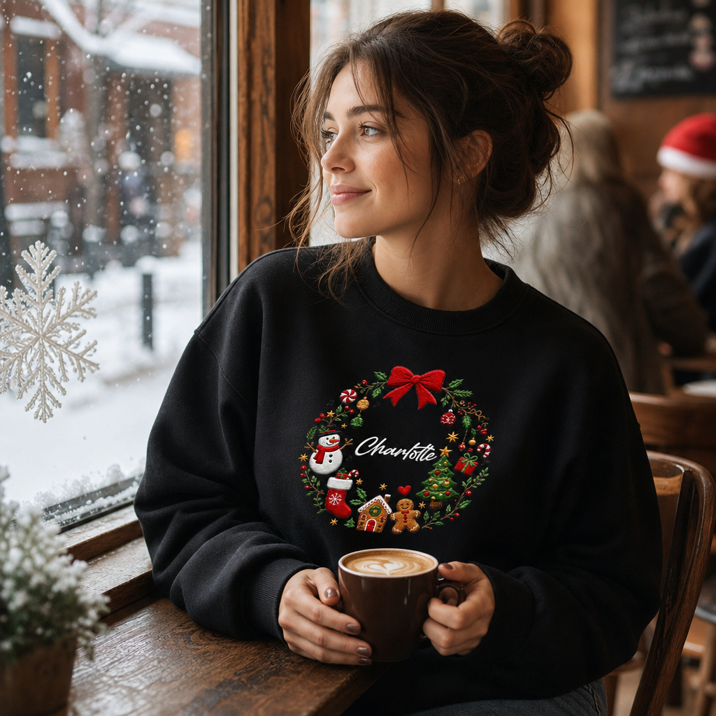 Personalized Embroidered Christmas Wreath Sweatshirt with Custom Name