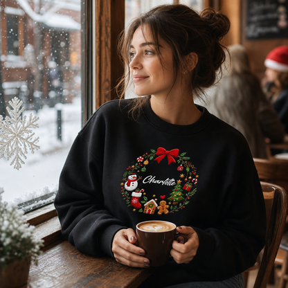 Personalized Embroidered Christmas Wreath Sweatshirt with Custom Name