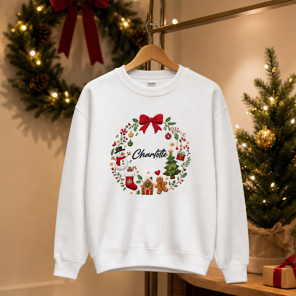 Personalized Embroidered Christmas Wreath Sweatshirt with Custom Name