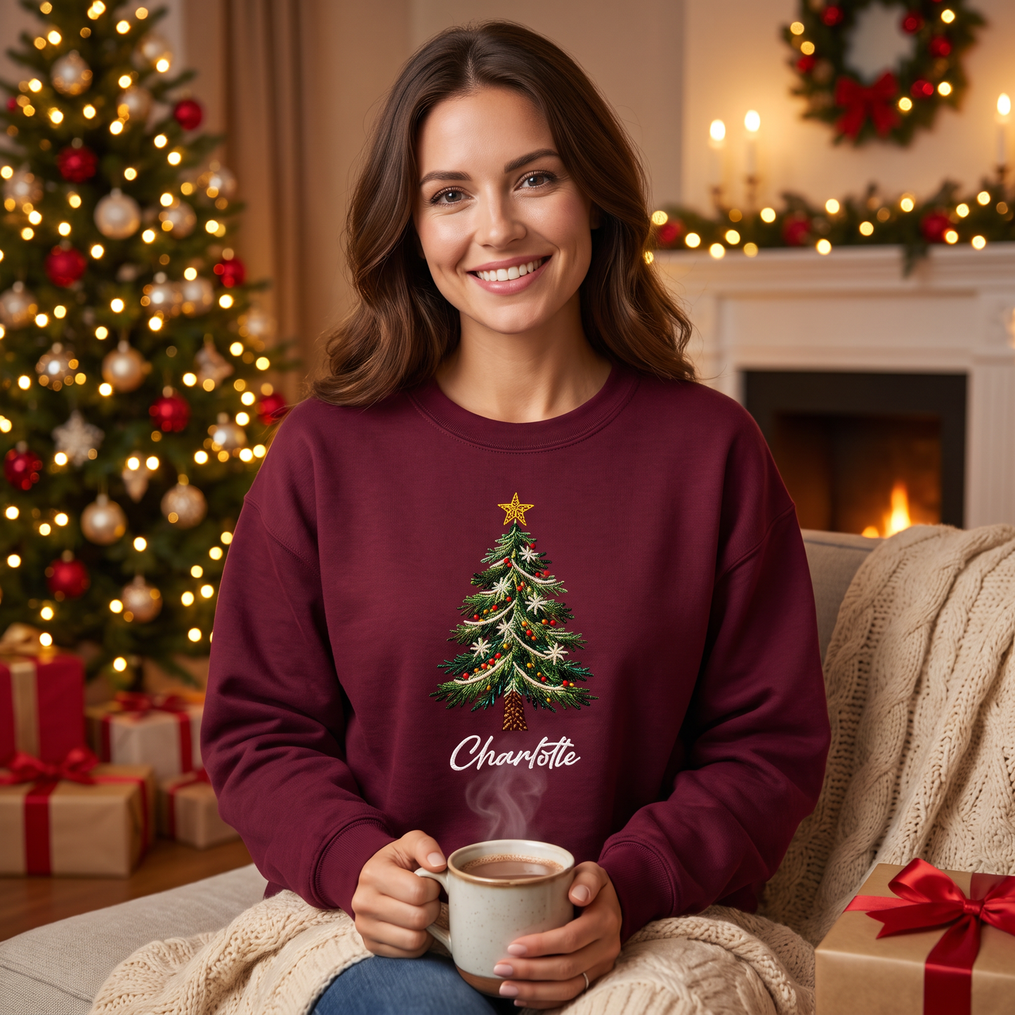 Personalized Embroidered Classic Christmas Tree Sweatshirt with Custom Name