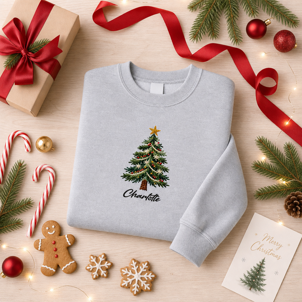 Personalized Embroidered Classic Christmas Tree Sweatshirt with Custom Name