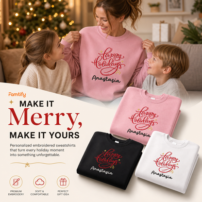 Make It Merry, Make It Yours banner with the red Happy Holidays sweatshirt in three colors