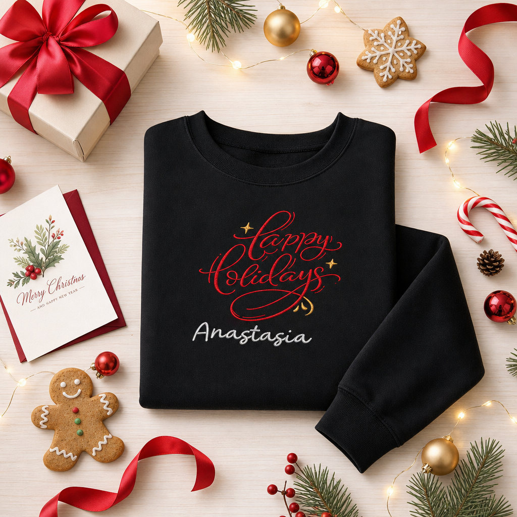Black sweatshirt embroidered with red Happy Holidays script with gold stars and a custom name