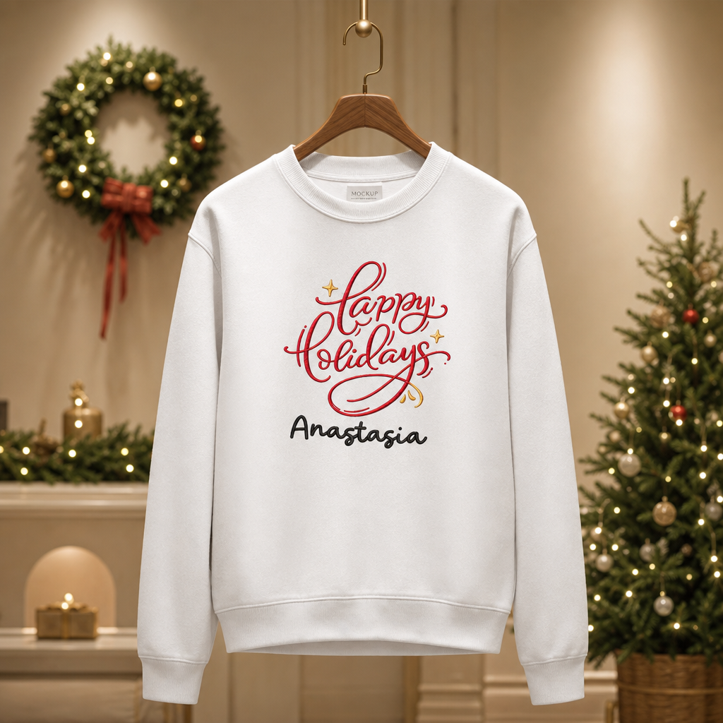 White red Happy Holidays name sweatshirt on a hanger by a wreath