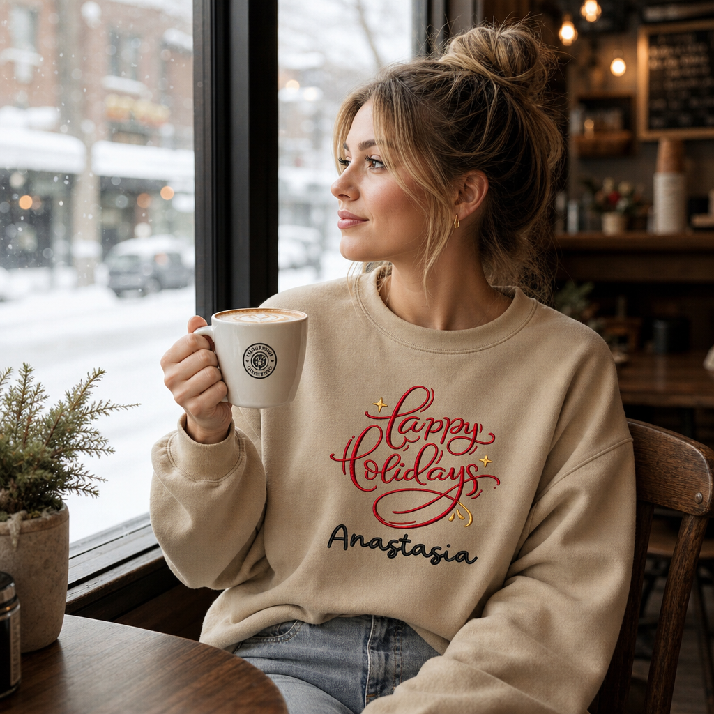 Woman in a sand red Happy Holidays sweatshirt holding a mug by a snowy window