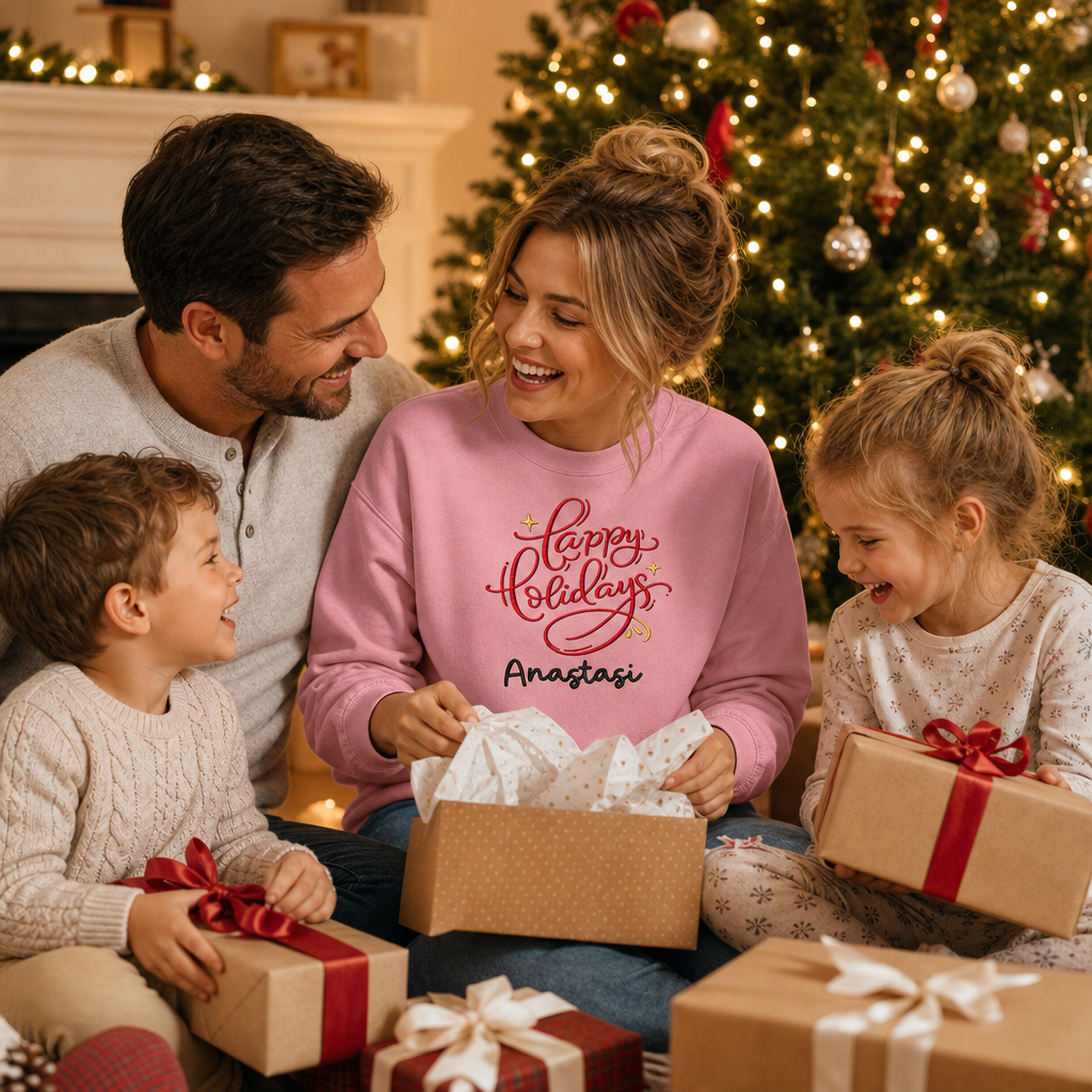 Family opening gifts with mom in a pink red Happy Holidays sweatshirt