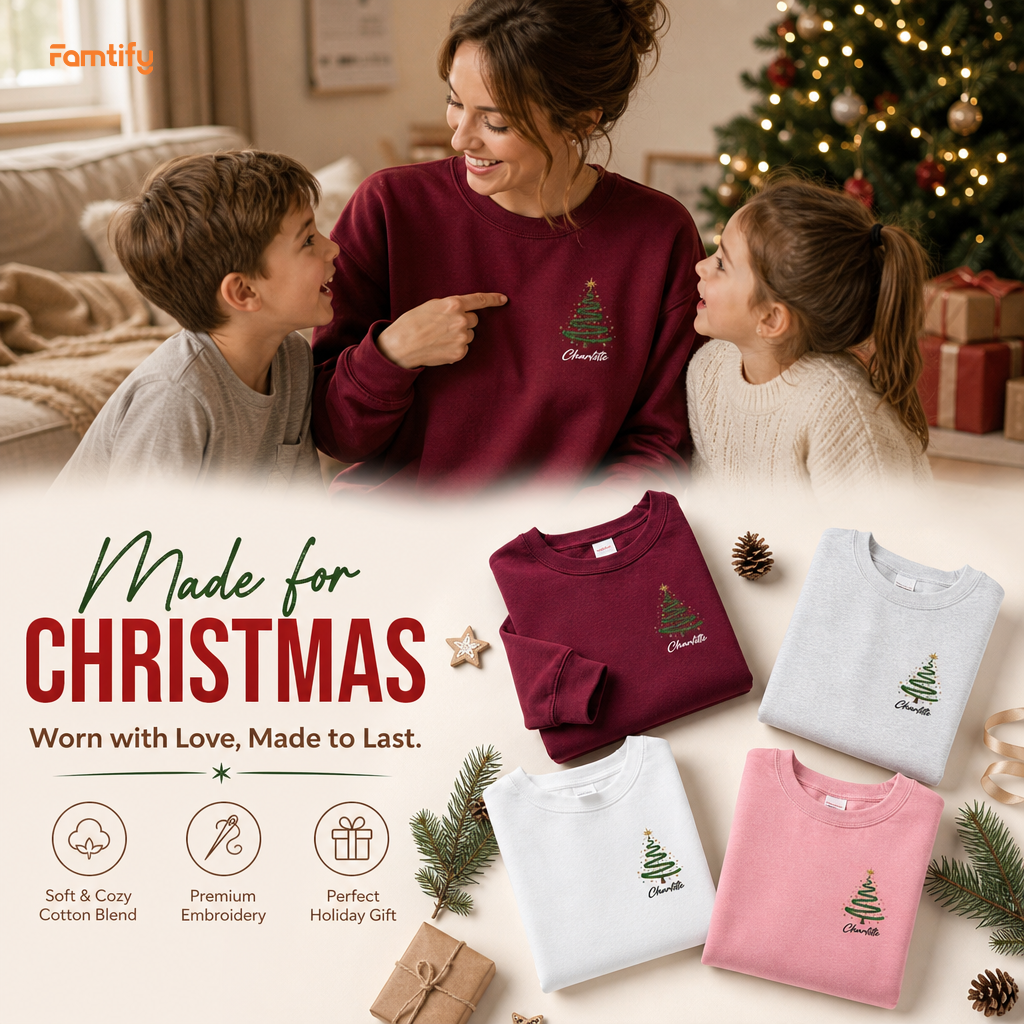 Personalized Embroidered Minimalist Christmas Tree Sweatshirt with Custom Name