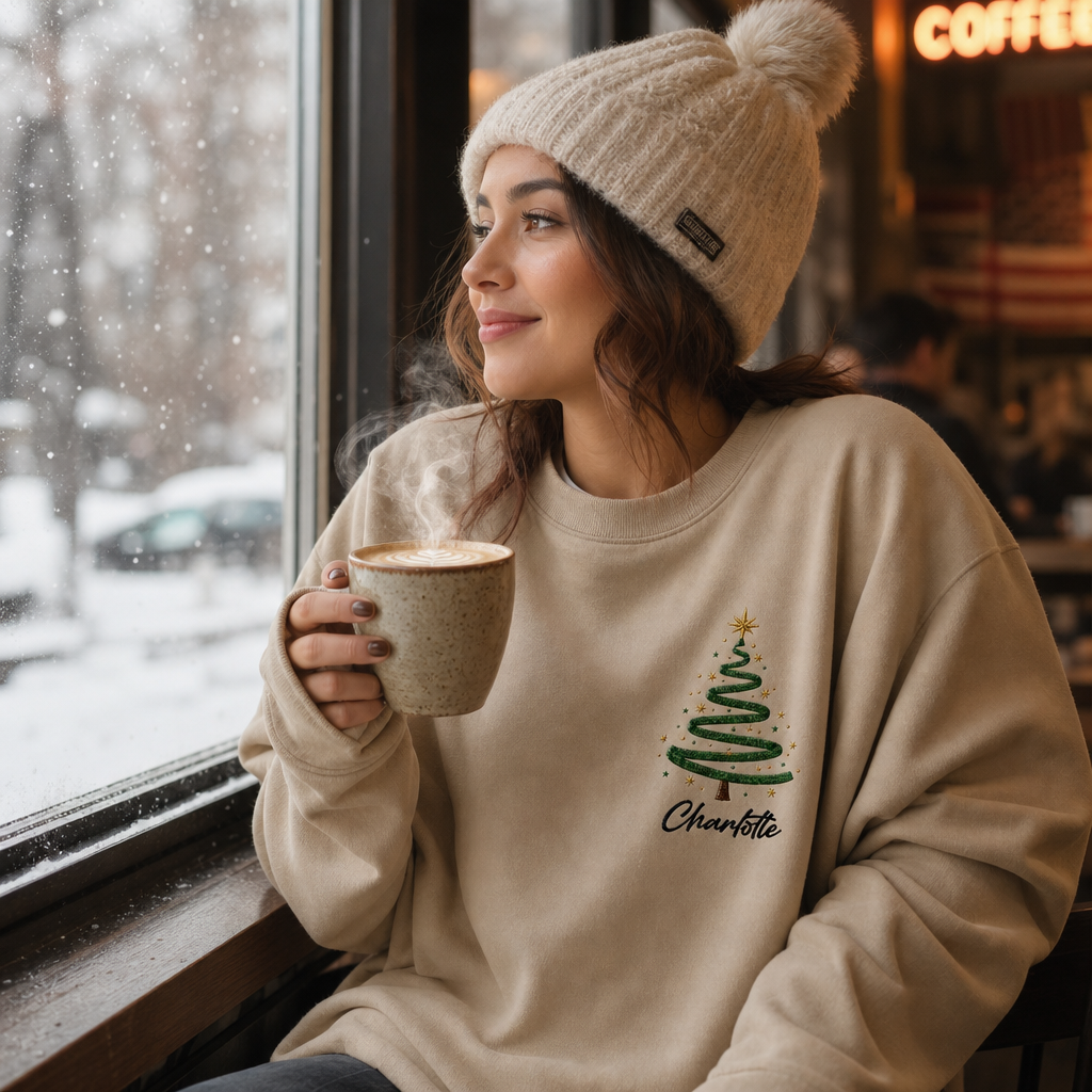 Personalized Embroidered Minimalist Christmas Tree Sweatshirt with Custom Name