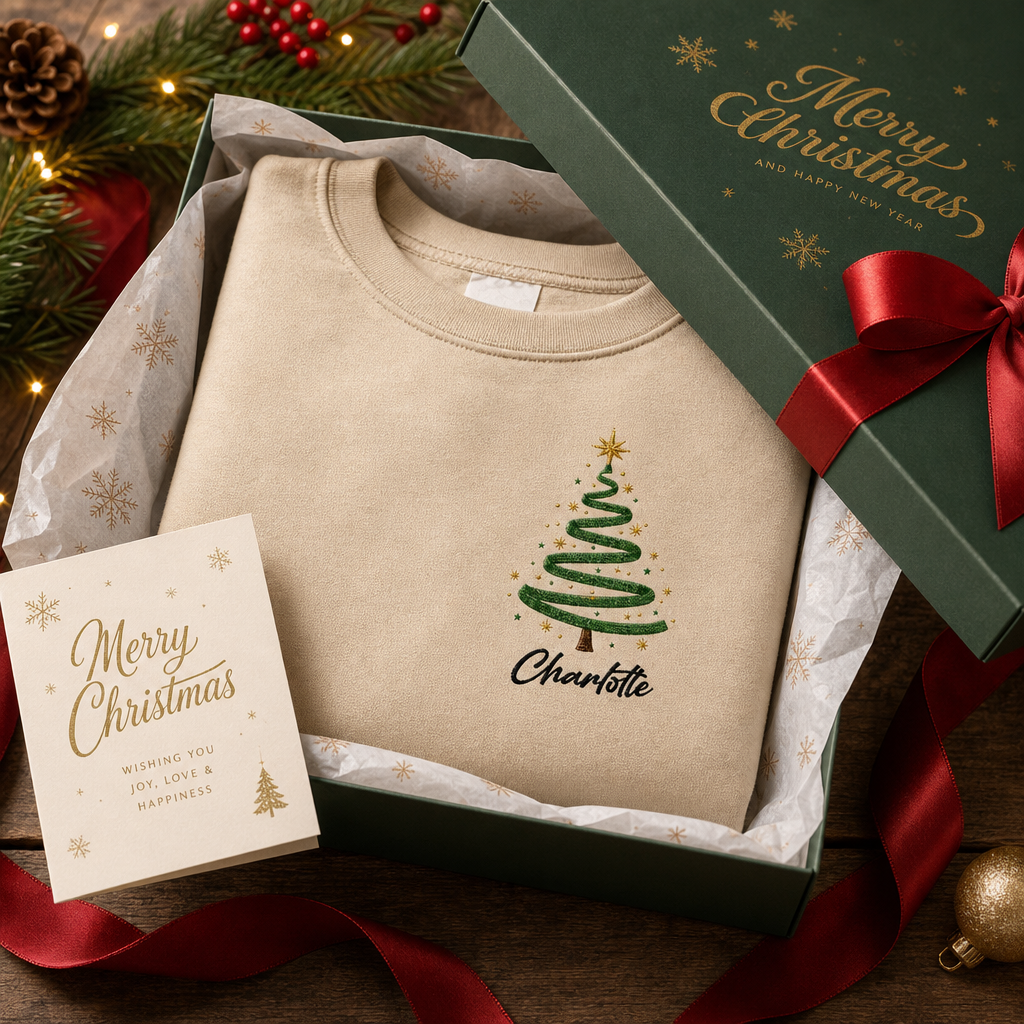 Personalized Embroidered Minimalist Christmas Tree Sweatshirt with Custom Name