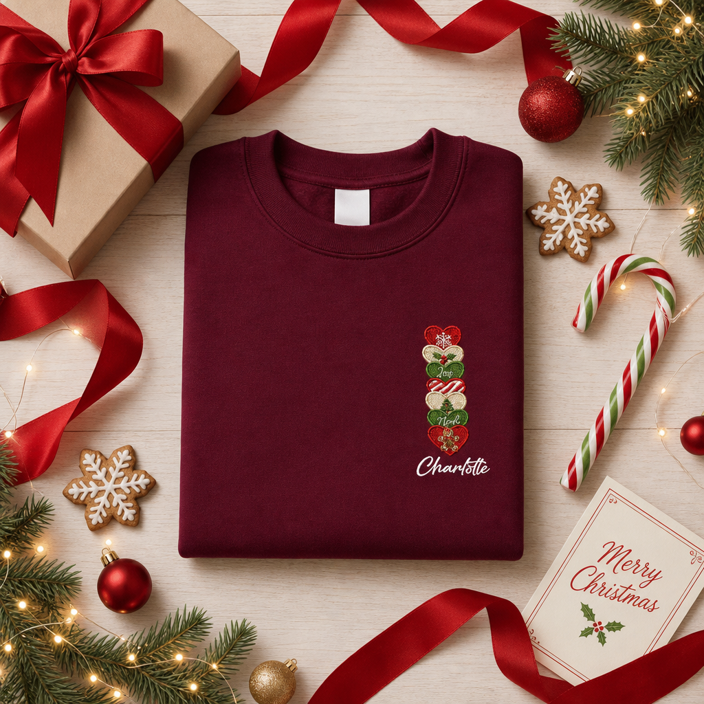 Personalized Embroidered Christmas Heart Stack Sweatshirt with Custom Name