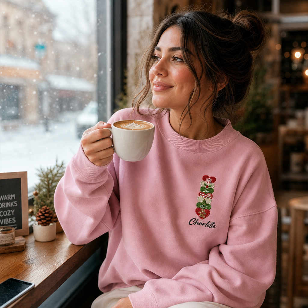 Personalized Embroidered Christmas Heart Stack Sweatshirt with Custom Name