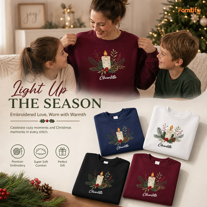 Personalized Embroidered Christmas Candle Sweatshirt with Custom Name