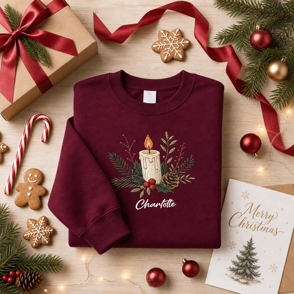 Personalized Embroidered Christmas Candle Sweatshirt with Custom Name