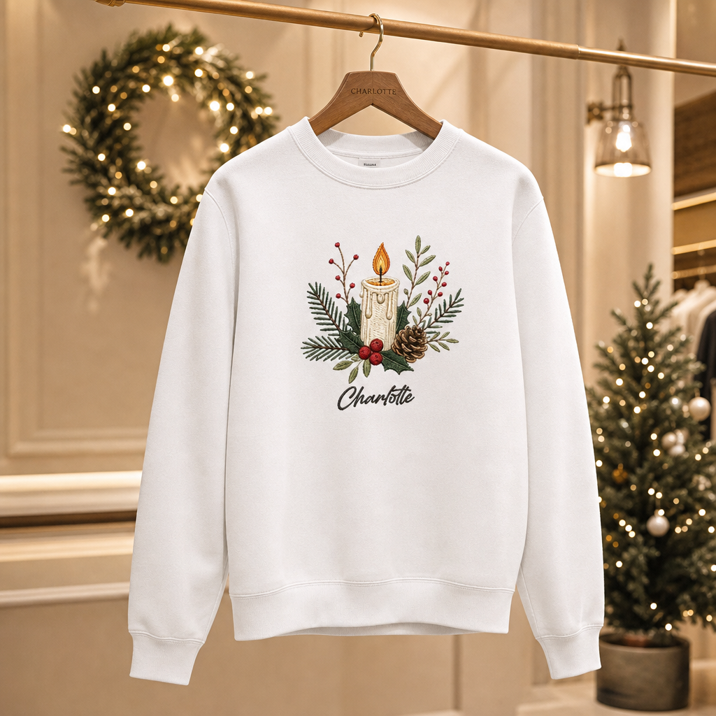 Personalized Embroidered Christmas Candle Sweatshirt with Custom Name