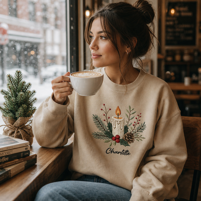 Personalized Embroidered Christmas Candle Sweatshirt with Custom Name