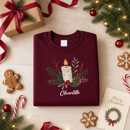 Personalized Embroidered Christmas Candle Sweatshirt with Custom Name