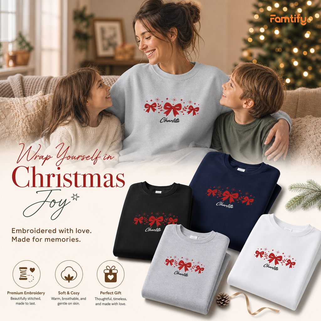 Personalized Embroidered Festive Red Bows Sweatshirt with Custom Name