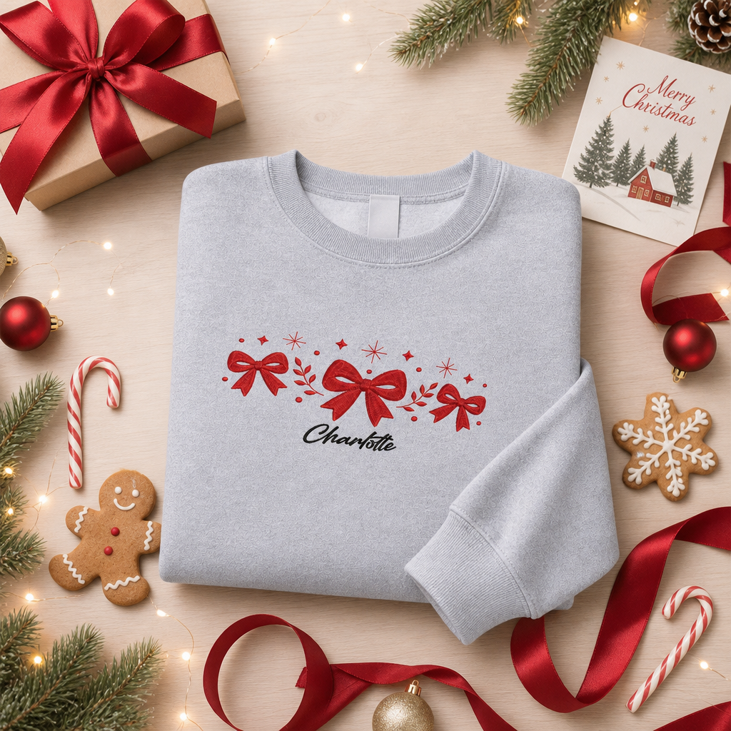 Personalized Embroidered Festive Red Bows Sweatshirt with Custom Name