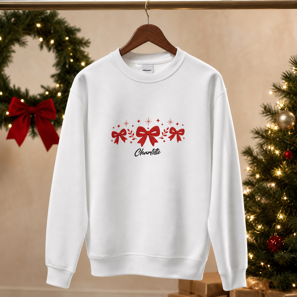 Personalized Embroidered Festive Red Bows Sweatshirt with Custom Name