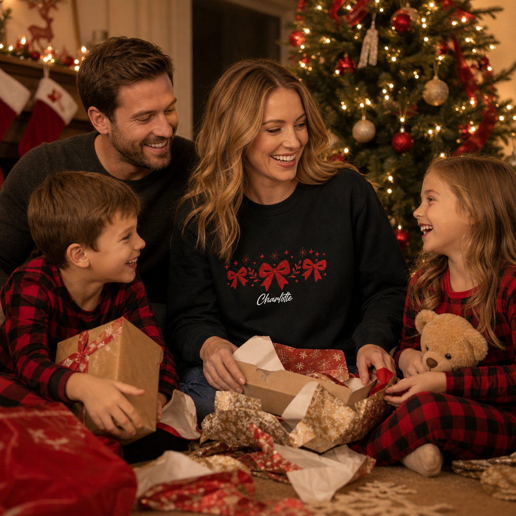 Personalized Embroidered Festive Red Bows Sweatshirt with Custom Name