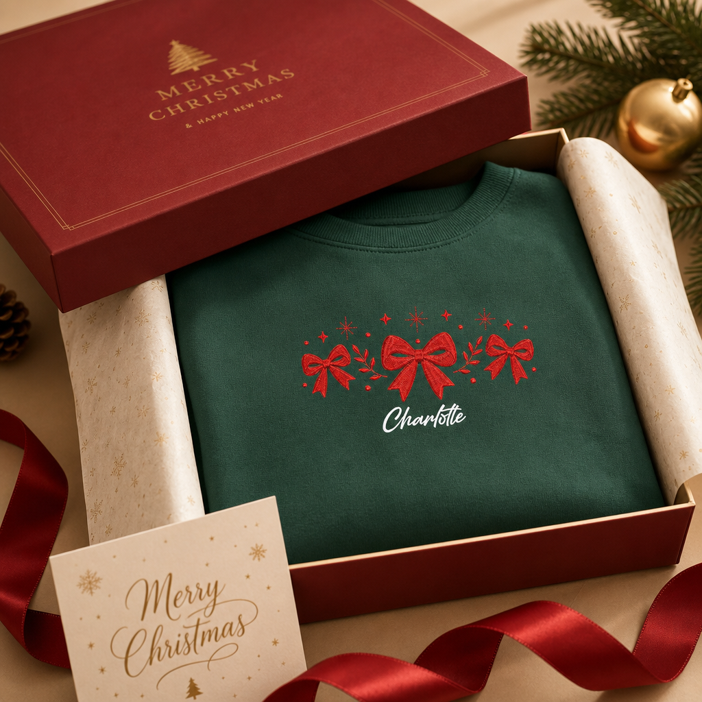 Personalized Embroidered Festive Red Bows Sweatshirt with Custom Name