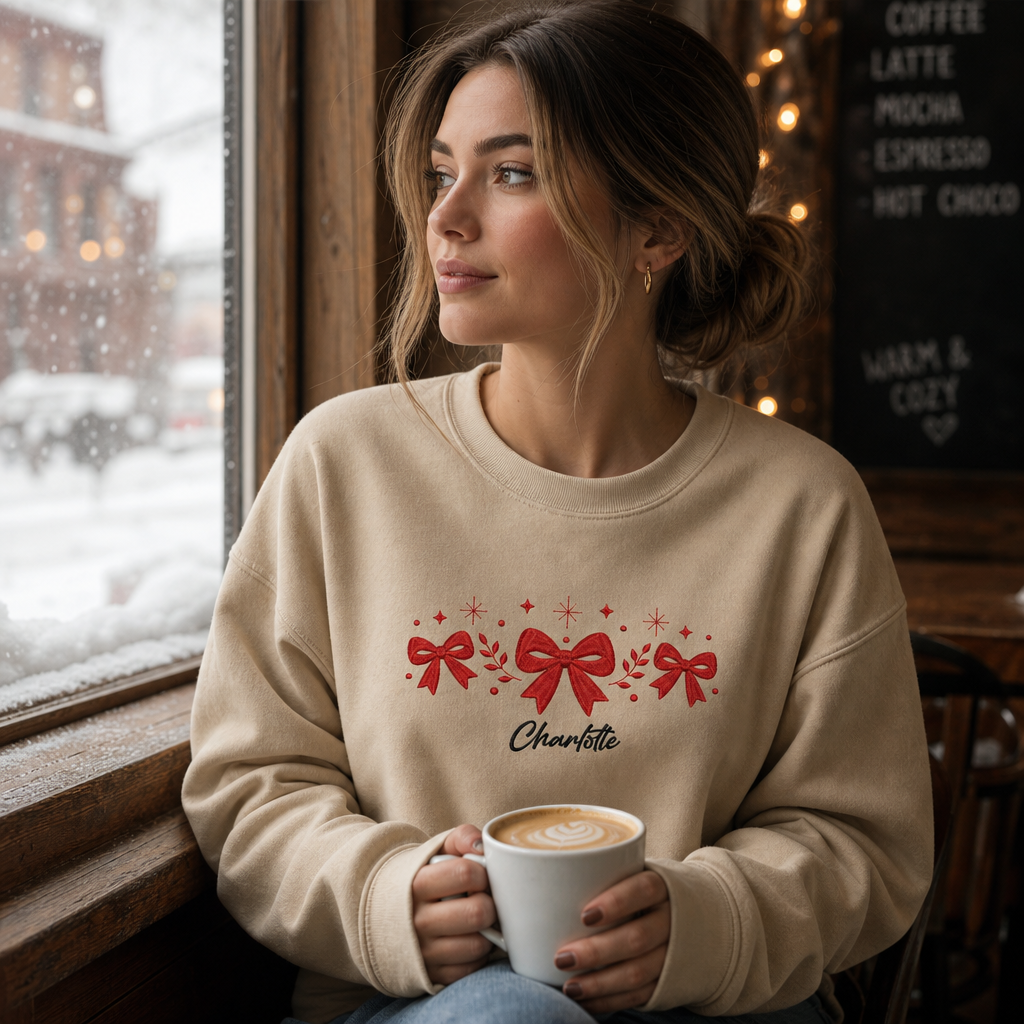 Personalized Embroidered Festive Red Bows Sweatshirt with Custom Name