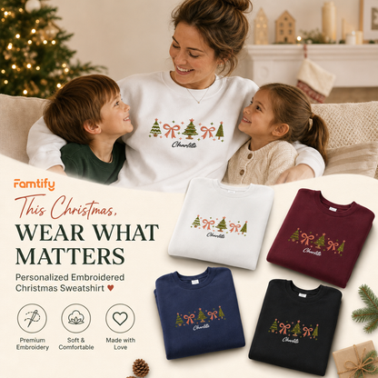 Personalized Embroidered Christmas Trees & Bows Sweatshirt with Custom Name