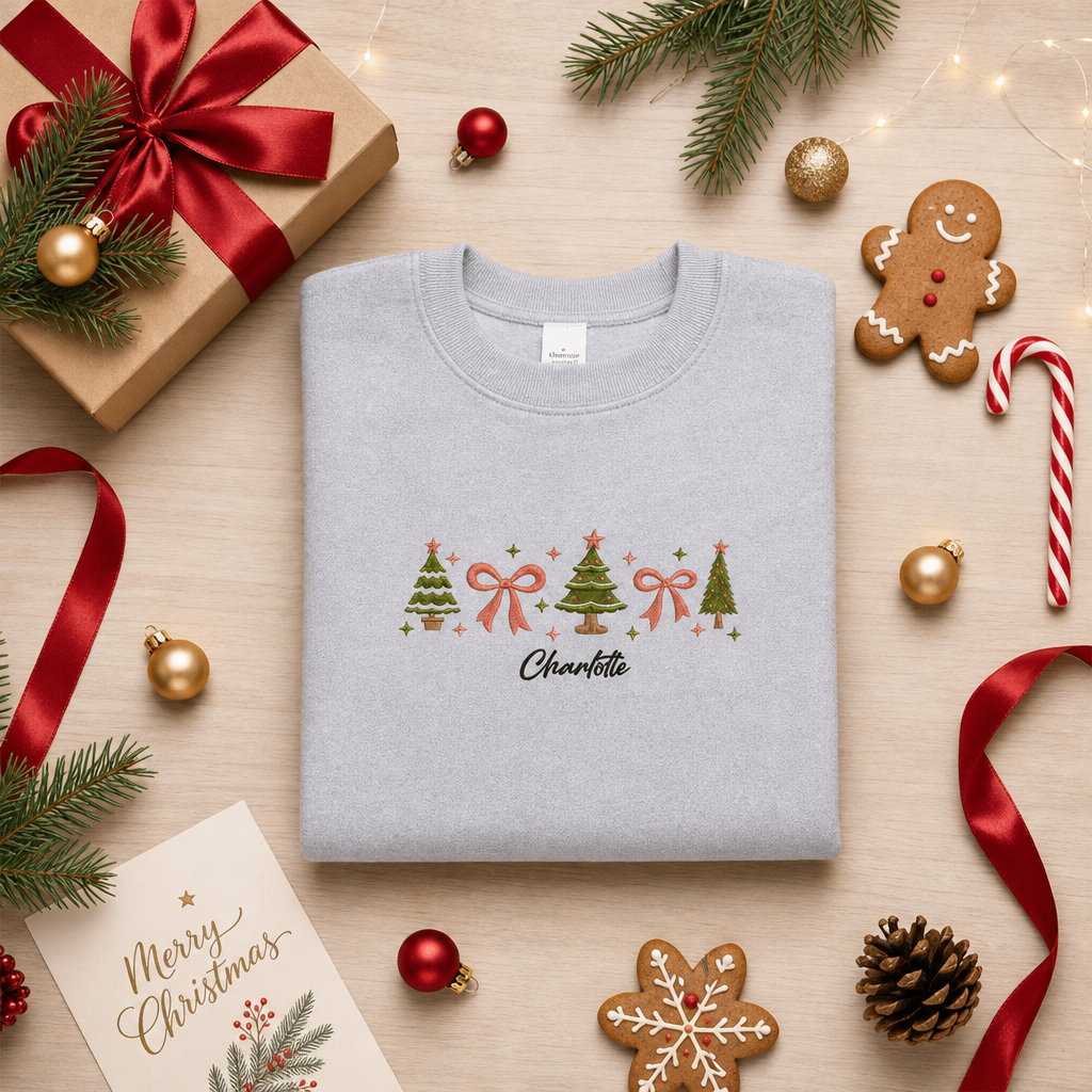 Personalized Embroidered Christmas Trees & Bows Sweatshirt with Custom Name