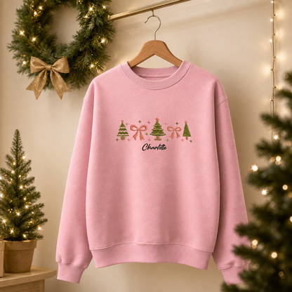 Personalized Embroidered Christmas Trees & Bows Sweatshirt with Custom Name