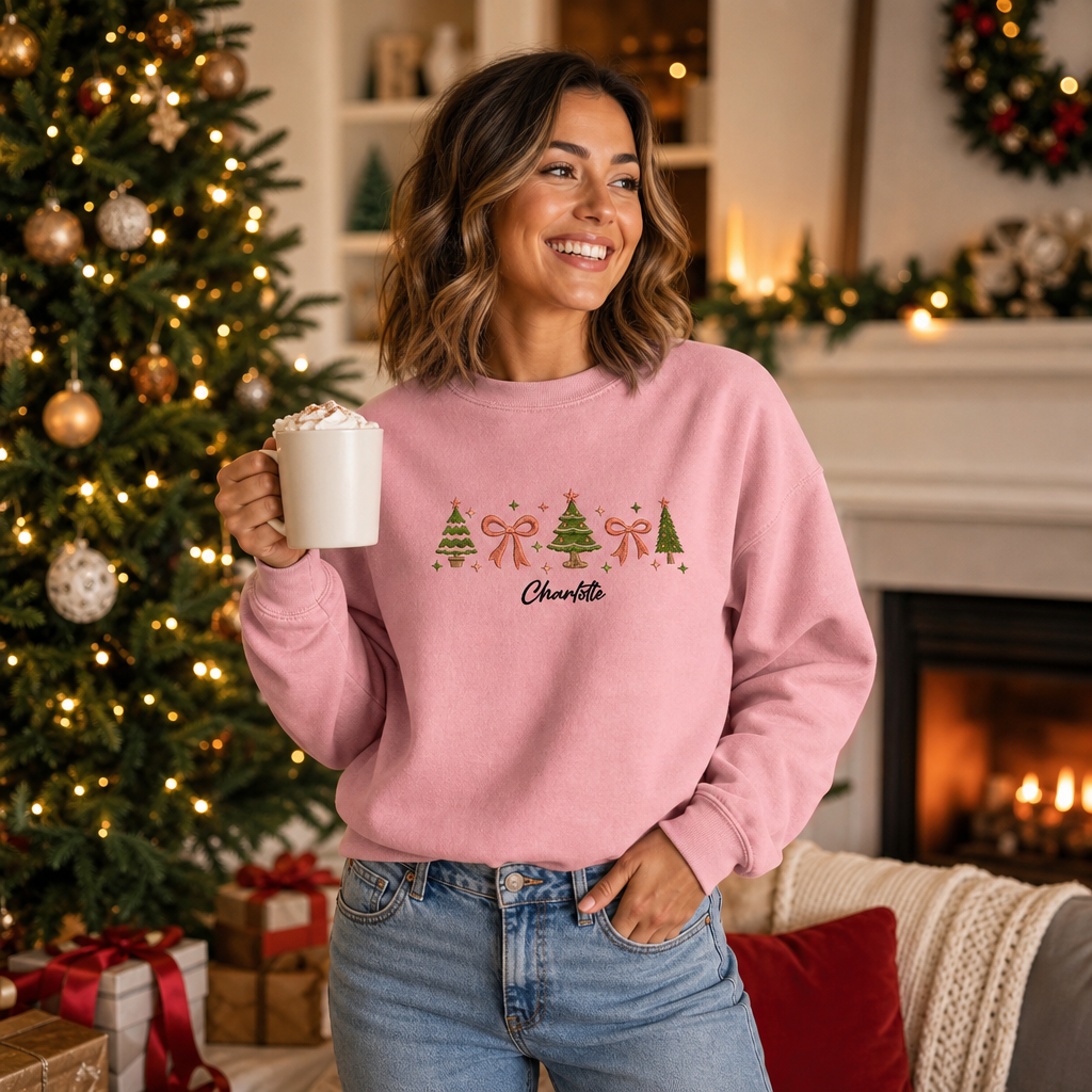 Personalized Embroidered Christmas Trees & Bows Sweatshirt with Custom Name