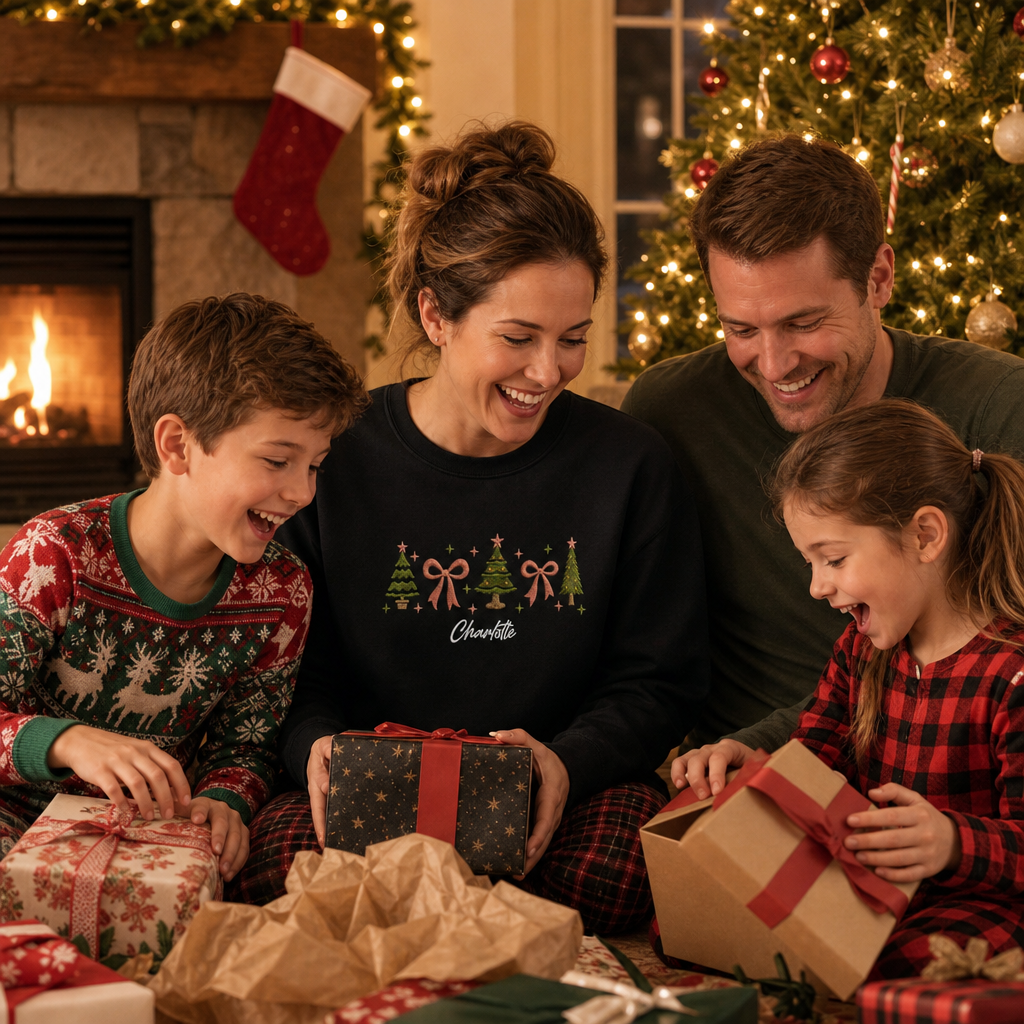 Personalized Embroidered Christmas Trees & Bows Sweatshirt with Custom Name
