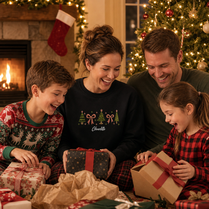Personalized Embroidered Christmas Trees & Bows Sweatshirt with Custom Name