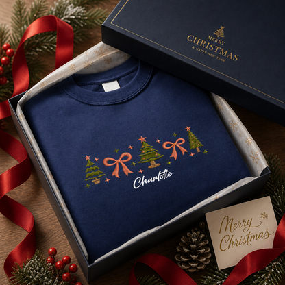 Personalized Embroidered Christmas Trees & Bows Sweatshirt with Custom Name