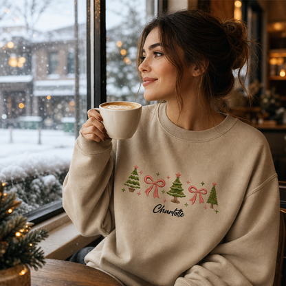 Personalized Embroidered Christmas Trees & Bows Sweatshirt with Custom Name