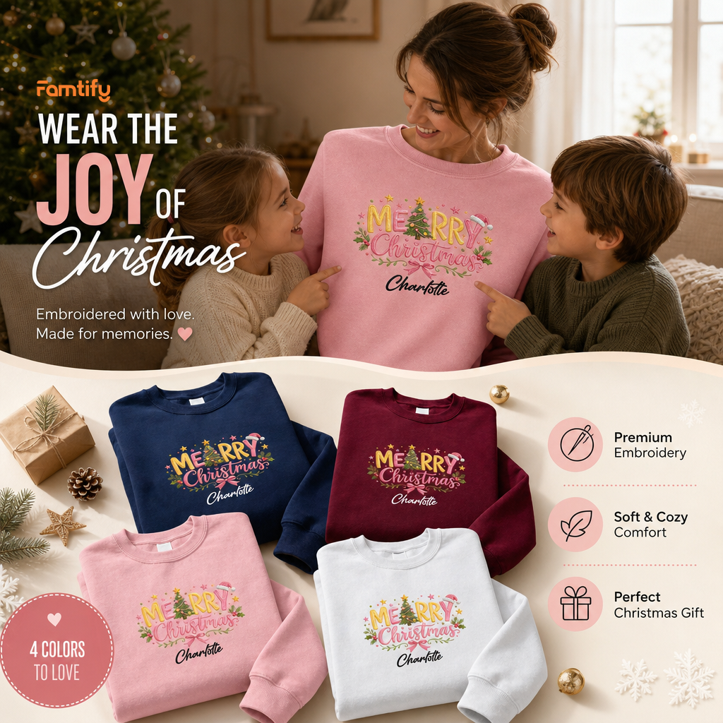 Personalized Embroidered Merry Christmas Typography Sweatshirt with Custom Name