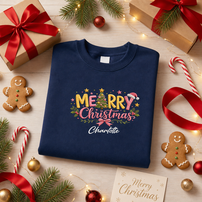 Personalized Embroidered Merry Christmas Typography Sweatshirt with Custom Name
