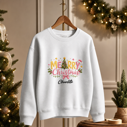 Personalized Embroidered Merry Christmas Typography Sweatshirt with Custom Name
