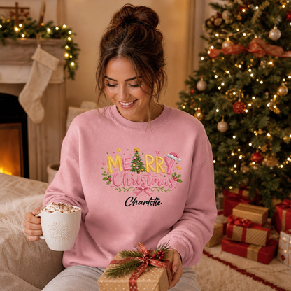 Personalized Embroidered Merry Christmas Typography Sweatshirt with Custom Name